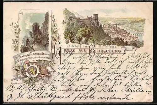 Lithographie Heidelberg, Ortsansicht von der Terrasse