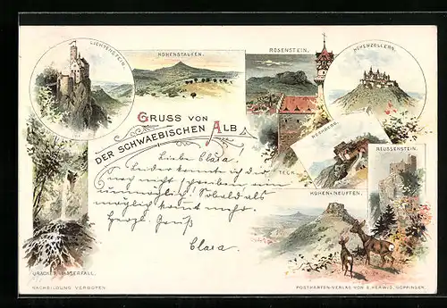 Lithographie Hohenstaufen, Schwäbische Alb mit Hohenzollern und Rosenstein