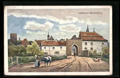 Künstler-AK Wassenberg, Ortsansicht mit Tor