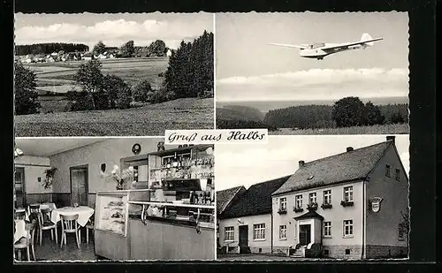 AK Halbs i. Westerwald, Gasthaus Rich. Loos mit Innenansicht, Segelflugzeug