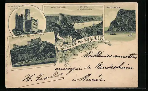 Lithographie St. Goarshausen, Ruine Katz, Ruine Festung Heinfels, Turnberg, Loreley Felsen