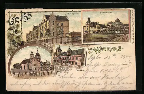 Lithographie Worms, Neue Kaserne, Festspielhaus, Rathaus, Paulus Museum