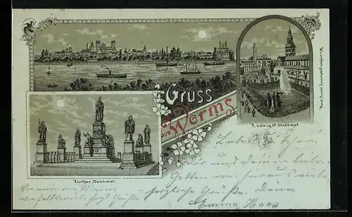 Lithographie Worms, Blick auf das Ludwig IV Denkmal, Luther Denkmal