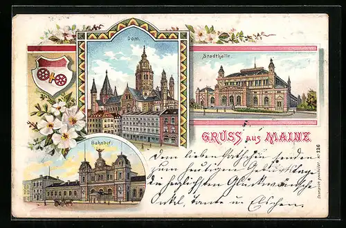 Lithographie Mainz, Bahnhof, Stadthalle, Dom, Wappen