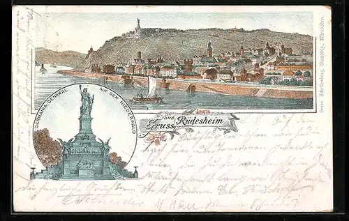 Vorläufer-Lithographie Rüdesheim, 1894, Germanie Denkmal auf dem Niederwald, Teilansicht der Stadt