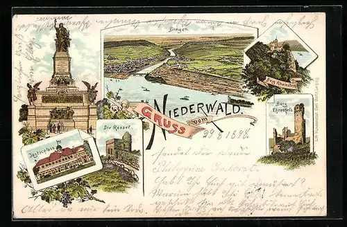 Lithographie Bingen, Jagdschloss, die Rossle, Burg Ehrenfels, Niederwald Denkmal