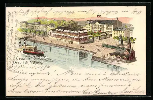 Vorläufer-Lithographie Biebrich a. Rh., 1895, Dampfschiff am Hotel Nassau