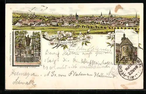 Vorläufer-Lithographie Hildesheim, 1895, St. Bernward Denkmal, 1000 jähriger Rosentock, Gesamtansicht