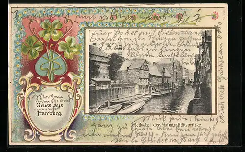 AK Alt-Hamburg, Blick auf den Fleth bei der Admiralitätsbrücke, Amphore mit Kleeblättern