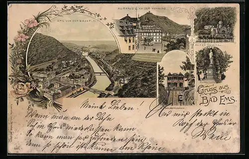 Lithographie Bad Ems, Kurhaus und Kaiser Wohnung, Malbergbahn, Kaiser Denkmal