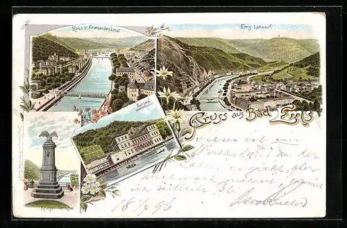 Lithographie Bad Ems, Krieger Denkmal, Kursaal, Blick auf die Stadt