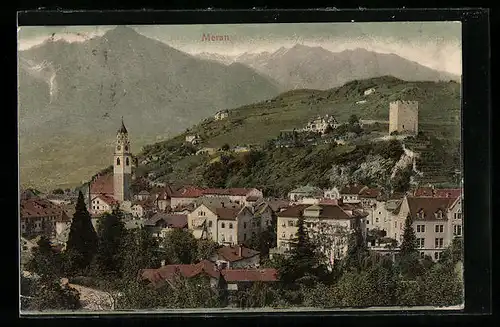 AK Meran, Ortsansicht mit Wehrturm und Bergen