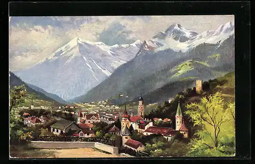 Künstler-AK Meran, Teilansicht mit Bergpanorama