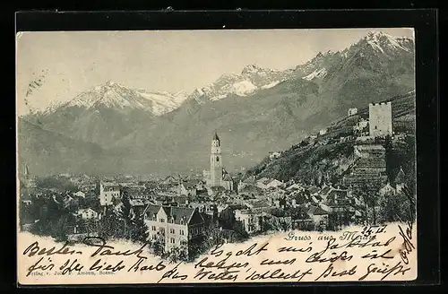 AK Meran, Gesamtansicht mit Bergpanorama