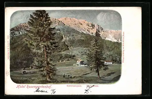 AK Karersee, Hotel Rosengartenhof aus der Ferne gesehen