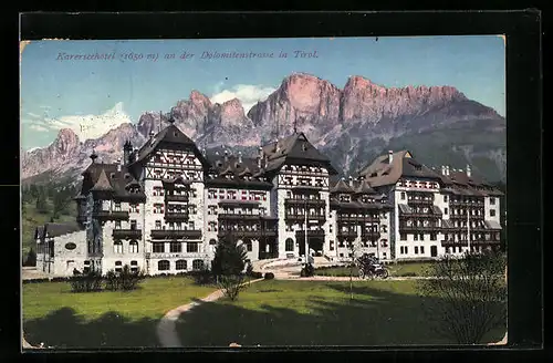 AK Karersee, Karerseehotel mit glühender Dolomitenstrasse