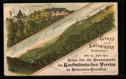 Lithographie Frankenberg i. S., Gasthaus auf der Lützelhöhe, Lützelthal-Panorama