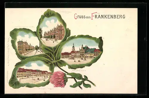 Passepartout-Lithographie Frankenberg, Marktplatz, Humboldstrasse, Kleeblatt