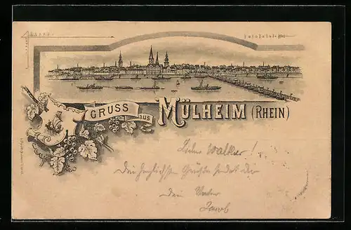 Lithographie Mülheim /Rhein, Ortsansicht mit Dampfern