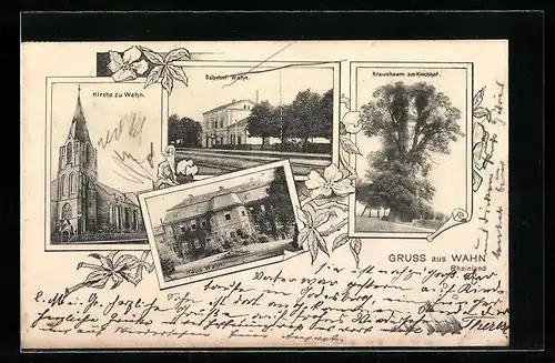 AK Köln-Wahn, Bahnhof, Kirche, Krausbaum am Kirchhof, Haus Wahn