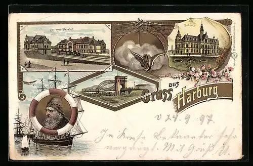 Lithographie Hamburg-Harburg, Der neue Bahnhof, Elb-Brücke, Rathhaus