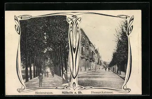 AK Mülheim a. Rh., Herlerstrasse und Bismarckstrasse