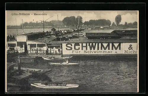 AK Köln-Mülheim, Rheinbrücke mit Booten