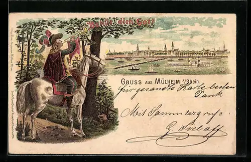 Lithographie Mülheim a. Rhein, Ortsansicht mit Dampfer, Reiter zu Pferd