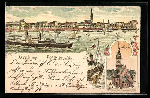 Lithographie Mülheim a. Rh., Ortsansicht mit Dampfer, Neue Evang. Kirche