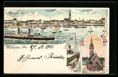 Lithographie Mülheim a. Rh., Ortsansicht, Dampfer, Neue Evang. Kirche