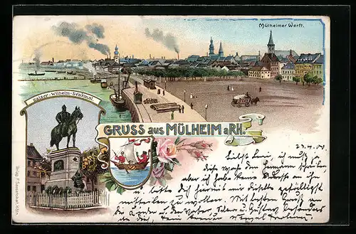 Lithographie Mülheim a. Rh., Mülheimer Werft, Kaiser-Wilhelm-Denkmal