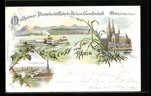 Lithographie Mülheim a. Rhein, Dampfer der Mülheimer Dampfschifffahrts Actien-Gesellschaft, Kölner Dom