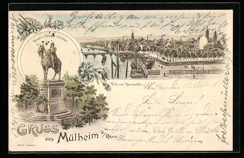 Lithographie Mülheim a. Rhein, Kaiser- u. Krieger-Denkmal, Blick vom Rheinwerfte