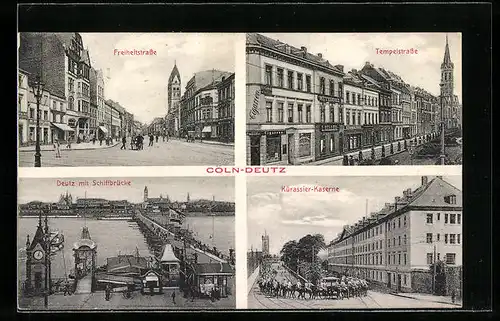 AK Köln-Deutz, Freiheitstrasse, Tempelstrasse, Schiffbrücke mit Dampfer