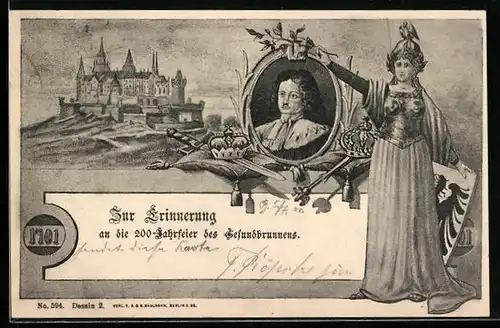 Lithographie Berlin-Wedding, Festpostkarte, 200-Jahrfeier des Gesundbrunnens 1701