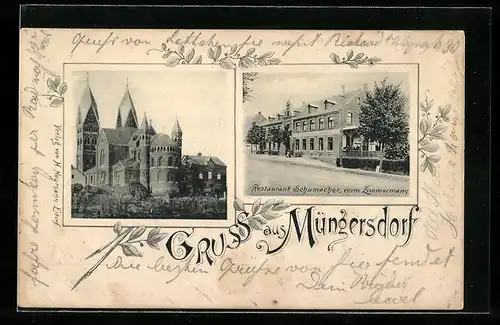 AK Köln-Müngersdorf, Kirche, Restaurant Schumacher mit Strasse