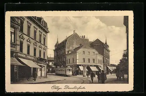 AK Ohligs, Düsseldorferstrasse mit Kronen-Theater und Strassenbahn