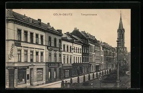 AK Köln-Deutz, Tempelstrasse mit Kirche und Cigarrenhaus