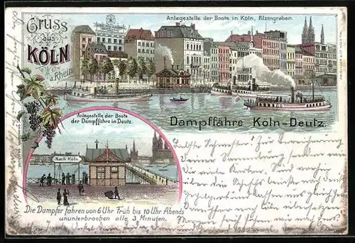 Lithographie Köln, Anlegestelle der Boote am Filzengraben und der Dampffähre in Deutz