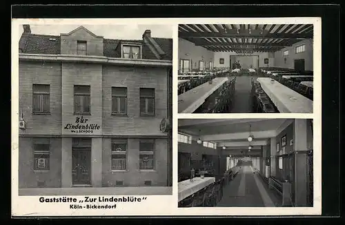 AK Köln-Bickendorf, Gaststätte Zur Lindenblüte von Schoog-Breuer, Venloer Strasse 658, mit Kegelbahn