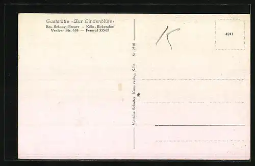 AK Köln-Bickendorf, Gaststätte Zur Lindenblüte von Schoog-Breuer, Venloer Strasse 658, mit Kegelbahn