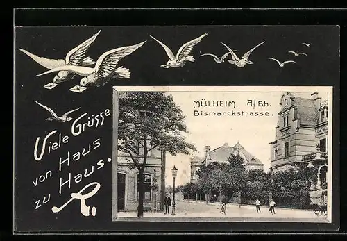 AK Mülheim a. Rh., Bismarckstrasse mit Kindern, Brieftauben