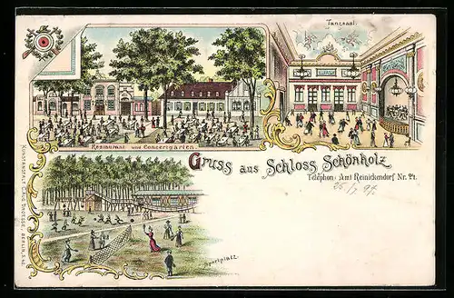 Lithographie Berlin-Reinickendorf, Restaurant und Concertgarten Schloss Schönholz, Inneres Tanzsaal, Sportplatz