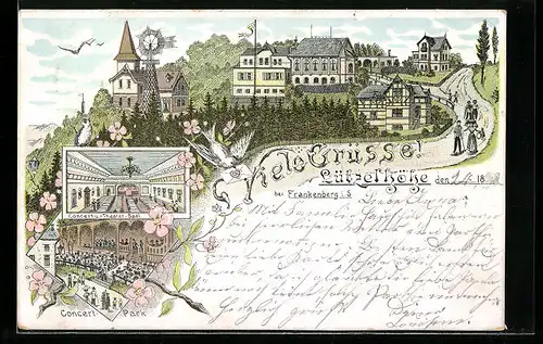 Lithographie Frankenberg i. S., Gasthaus Lützelhöhe, Concert u. -Theater-Saal, Concert-Park