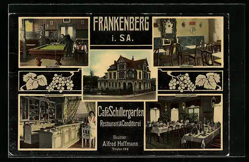 AK Frankenberg i. Sa., Cafe Schillergarten, Innenansichten Billardzimmer und Gesellschaftszimmer