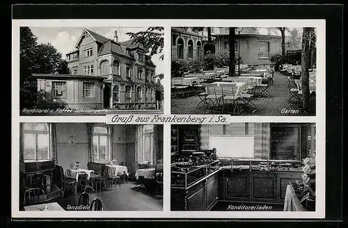 AK Frankenberg i. Sa., Konditorei u. Cafe Schillergarten, Innenansichten Tanzdiele und Konditoreiladen