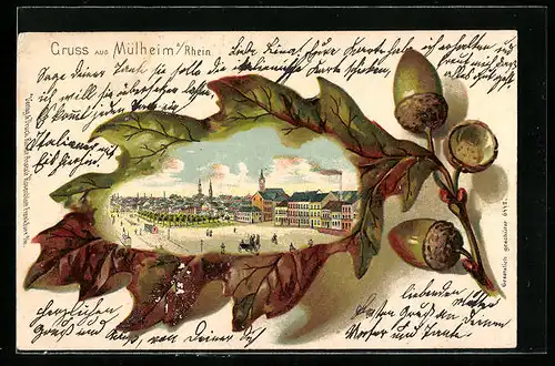 Passepartout-Lithographie Mülheim a. Rhein, Ortsansicht mit Eichenlaub