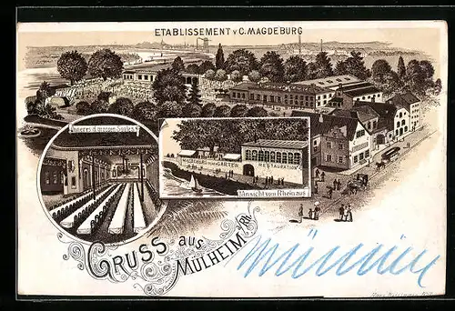 Lithographie Mülheim a. Rh., Etablissement und Restauration v. C. Magdeburg, Ansicht vom Rhein aus