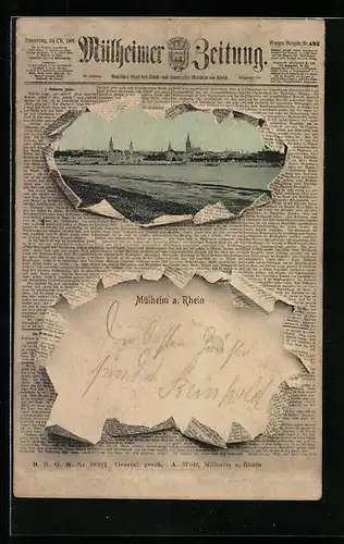 Zeitung-AK Mülheim a. Rhein, Ortsansicht mit Zeitung