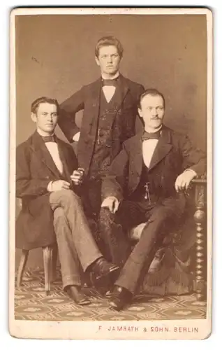Fotografie F. Jamrath & Sohn, Berlin, Belle-Alliance-Str. 14, Portrait drei Herren in eleganten Anzügen